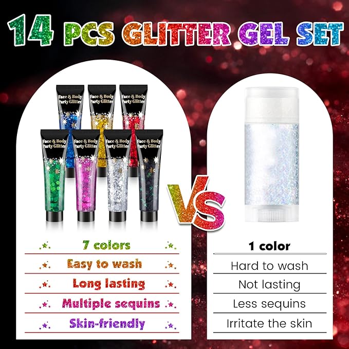 AROIC Face Glitter, 14Pcs St Patricks Day Accessories, Body & Hair Glitter Gel Sparkle Makeup Party Rave Outfits, Concerts Festival Face Paint，Rave Accessories Music Festivals Black Light Party