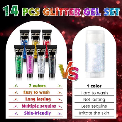 AROIC Face Glitter, 14Pcs St Patricks Day Accessories, Body & Hair Glitter Gel Sparkle Makeup Party Rave Outfits, Concerts Festival Face Paint，Rave Accessories Music Festivals Black Light Party
