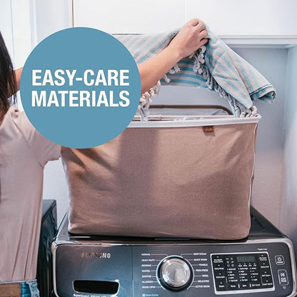 CleverMade Collapsible Laundry Basket LUXE 2 Pack – 60 L (16 Gal) Foldable Cotton Blend Clothes Hamper with Vegan Leather Accents, Reinforced Handles, Space Saving Laundry Bin Holds 55 lbs - Cream
