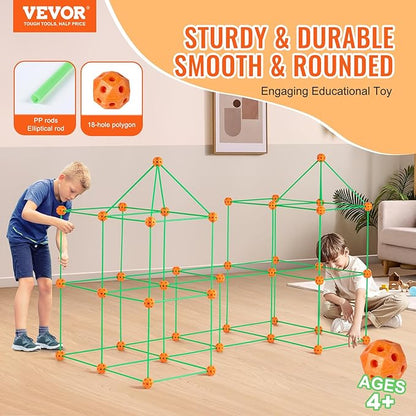 VEVOR Fort Building Kit for Kids, 140PCS Glow in The Dark STEM Building Toys, Educational Gift for 4 5 6 7 8+ Year Old Boys & Girls Indoor Outdoor Play Tent Construction Toys with 96 Rods and 44 Balls
