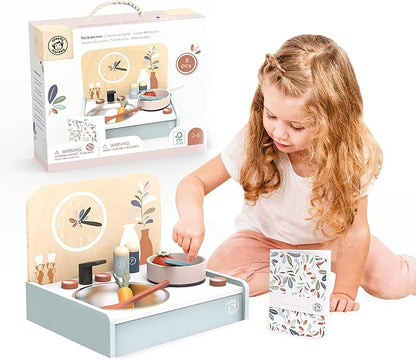 SPEEDY MONKEY Table-Set Kitchen with 8 Accessories, Portable Wooden Kitchen Toy with Stovetop, Spatula, Pan & More, Encourages Creative Play, Ideal for Kids to Cook, Serve and Clean Up