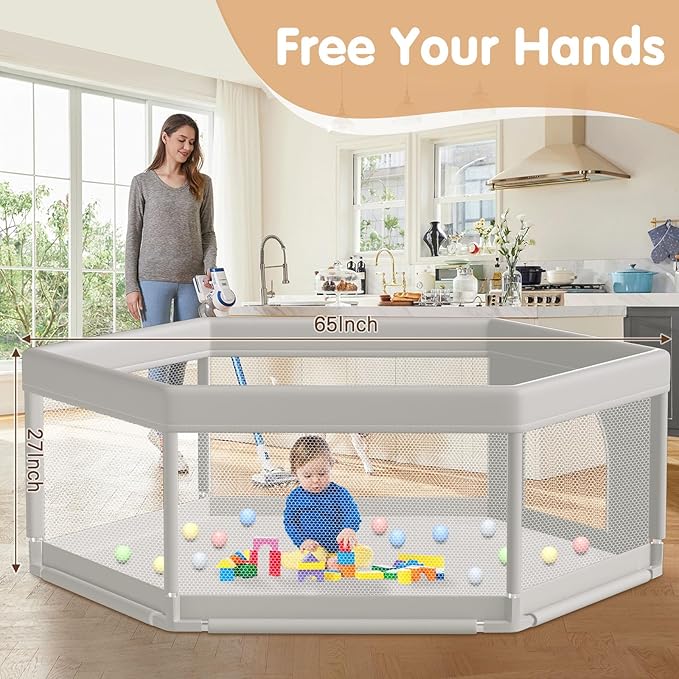 Hiaksedt Large Baby Playpen 65x65 Inch, Play Pens for Babies and Toddlers Hexagonal Type Baby Play Yards for Indoor & Outdoor with Breathable Mesh Anti-Fall