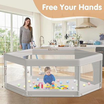 Hiaksedt Large Baby Playpen 65x65 Inch, Play Pens for Babies and Toddlers Hexagonal Type Baby Play Yards for Indoor & Outdoor with Breathable Mesh Anti-Fall