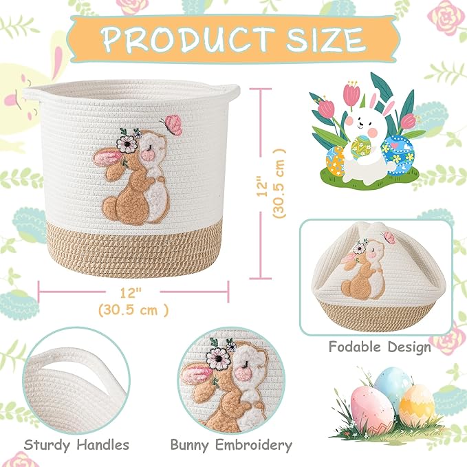 INough Toy Storage Baskets Woven Cotton Rope Storage Basket for Kids, Blanket Baskets for Living Room Stuffed Animal Storage Toys Organizer with Embroidery Decor, Cute Baskets for Nursery (Bunny)