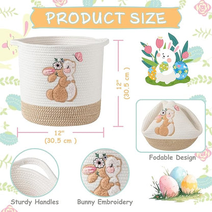 INough Toy Storage Baskets Woven Cotton Rope Storage Basket for Kids, Blanket Baskets for Living Room Stuffed Animal Storage Toys Organizer with Embroidery Decor, Cute Baskets for Nursery (Bunny)