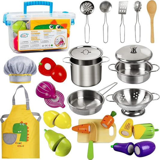 Sundaymot Play Kitchen Accessories, Wooden Play Food, Cooking Set with Stainless Steel Cookware Pots and Pans Utensils, Apron, Chef Hat, Cutting Food Kitchen Playset for Girls and Boys
