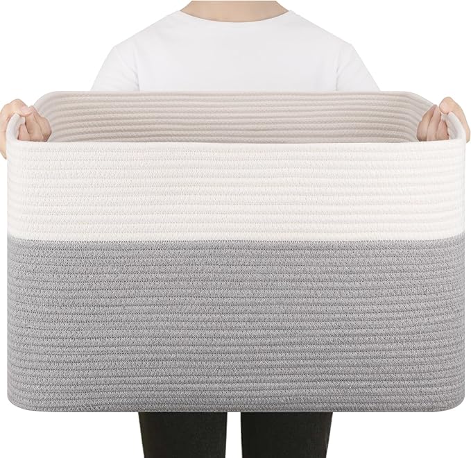 75L Large Cotton Rope Basket, Soft Toy Storage Bin for Nursery & Living Room, Decorative Blanket Basket for Bedroom, Baby-Safe Organizer for Pillows &Laundry, 22''×17''×12'', Grey and White