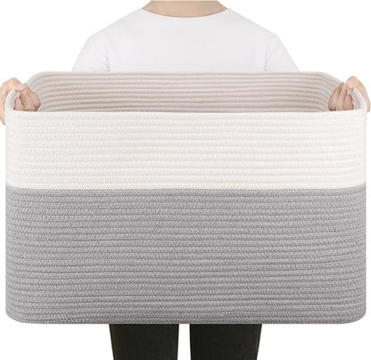 75L Large Cotton Rope Basket, Soft Toy Storage Bin for Nursery & Living Room, Decorative Blanket Basket for Bedroom, Baby-Safe Organizer for Pillows &Laundry, 22''×17''×12'', Grey and White