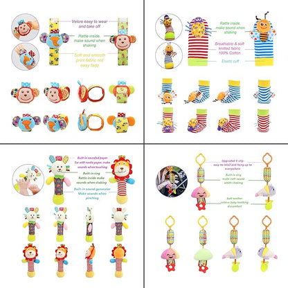 Baby Hanging Toy, Wrist Rattles, Rattle Socks, Handheld Wearable Washable Adjustable Rattle Toy, Newborn Present Baby Shower Birthday Gift Set for 0 1 2 3 Years Old Babies (12PCS-J)