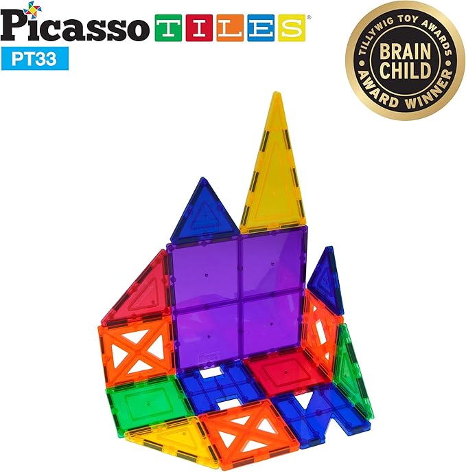 PicassoTiles Educational Set Magnetic Building Tiles with Unique Shapes & Clear Box Tile 3D Magnet Construction Block Different Shapes Connects with Other Figure for Boys & Girls Ages 3+