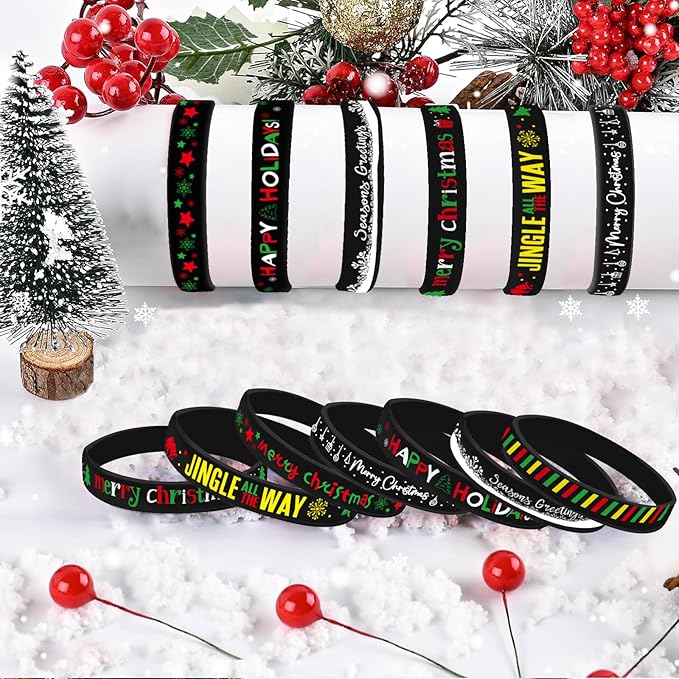Morcheiong 42 Pieces Christmas Rubber Bracelets 7 Classic Design Silicone Wristbands for Merry Xmas Party Favors (Black)