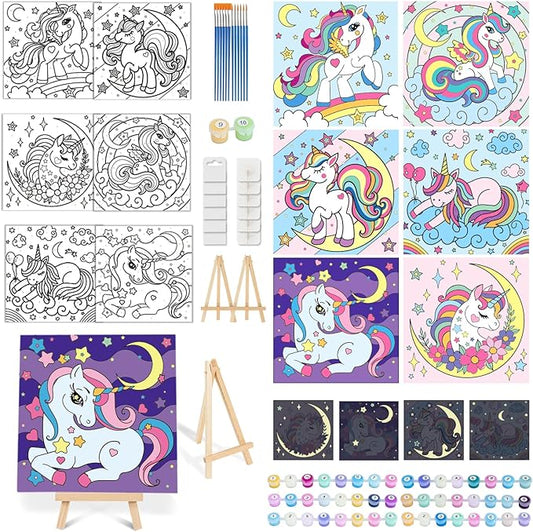 6 Pack Unicorn Paint by Numbers for Kids - Glow in The Dark Predrawn Canvas, Arts and Crafts with 50 Paints,12 Brushes 2 Easels, DIY Acrylic Oil Painting Kits for Boys Girls Beginners, Home Wall Decor