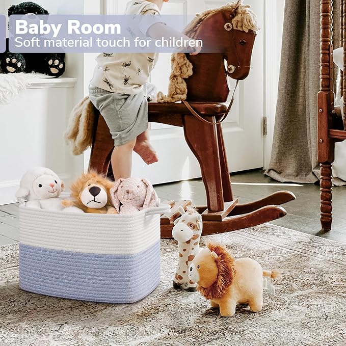 Goodpick Woven Storage Baskets for Organizing, Cotton Rope Organizer for Dog Toys Books, Rectangle Shoe Basket for Shelves, Stylish Gift Baskets Empty with Handles, 13"x10"x9", Blue
