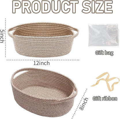 JMvicyroam Woven Basket,Small Rope Storage Bin with Handles & Ribbon Bag, Organizer for Shelves Closets,Gift Basket Empty for Birthday,Books,Dog Toys,Oatmeal