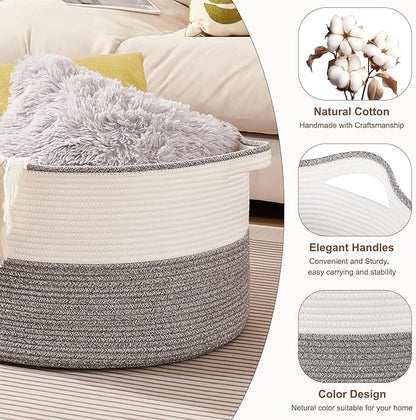 OIASKET Large Blanket Basket with Handles, 22.8" x 22.8" x 13" Woven Storage Basket for Living Room, Cotton Rope Baby Toy Storage for Clothes, Pillows, Towels-Grey and White