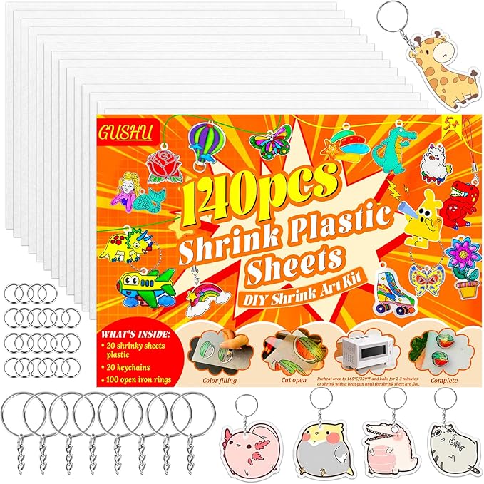Gushu 140 Pcs Shrink Dink Sheets Keychain Making Kit, 20 Blank Heat Shrinky Art Papers (7.9 x 5.7 Inch) with 120 Keychain Accessories for DIY Crafts, Creative Handprint Art for Teens & Adults