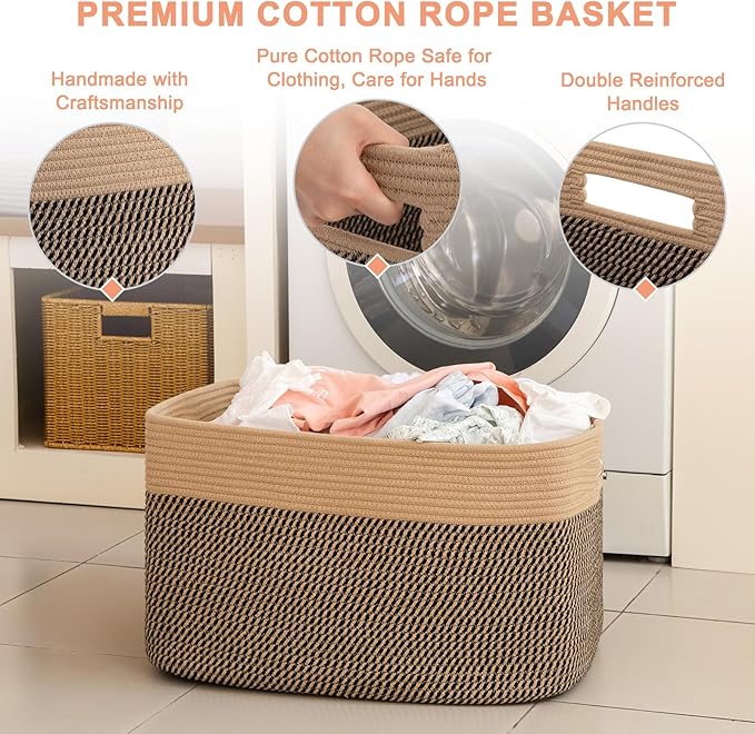96L XL Large Cotton Rope Basket, Soft Toy Storage Bin for Nursery & Living Room, Decorative Blanket Basket for Bedroom, Baby-Safe Organizer for Pillows &Laundry, 24''×16''×15'', Brown & Black