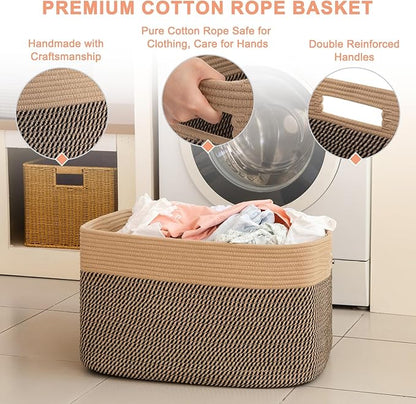 96L XL Large Cotton Rope Basket, Soft Toy Storage Bin for Nursery & Living Room, Decorative Blanket Basket for Bedroom, Baby-Safe Organizer for Pillows &Laundry, 24''×16''×15'', Brown & Black