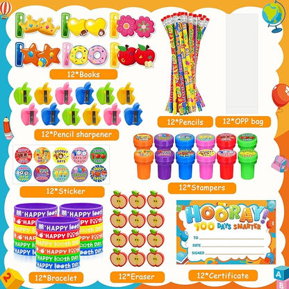 108 Pcs 100 Days of School Awards Set Teacher Favor Gift Kit Include 100th day of school Pencils Bracelets Stickers Certificate Stamp Button Pins for Happy 100 Days of School Party Favors Supplies