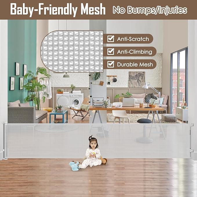 178 Inch Extra Long Baby Gate Retractable Dog Gate Outdoor Gates for Decks Indoor Retractable Baby Gates Wide Dog Gate for Super Wide Openings Retractable Gates for Dogs, Garage Gate, Light Gray