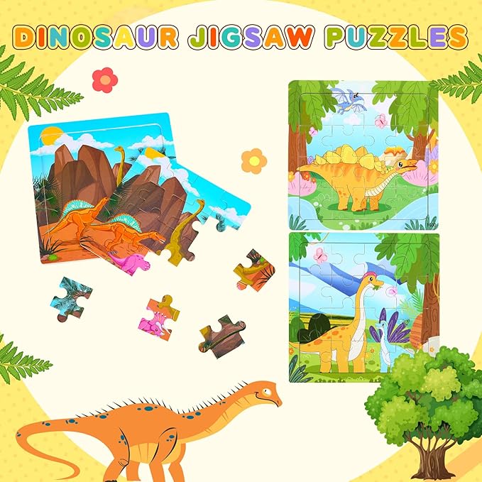 SANNIX 12 Pack Dinosaur Wooden Jigsaw Puzzles with 12 Organize Bags, Dinosaurs Animals Toddlers Puzzles for Kids Ages 3 4 5, Party Favors Educational Learning Travel Toys for Boys Girls
