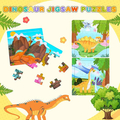 SANNIX 12 Pack Dinosaur Wooden Jigsaw Puzzles with 12 Organize Bags, Dinosaurs Animals Toddlers Puzzles for Kids Ages 3 4 5, Party Favors Educational Learning Travel Toys for Boys Girls