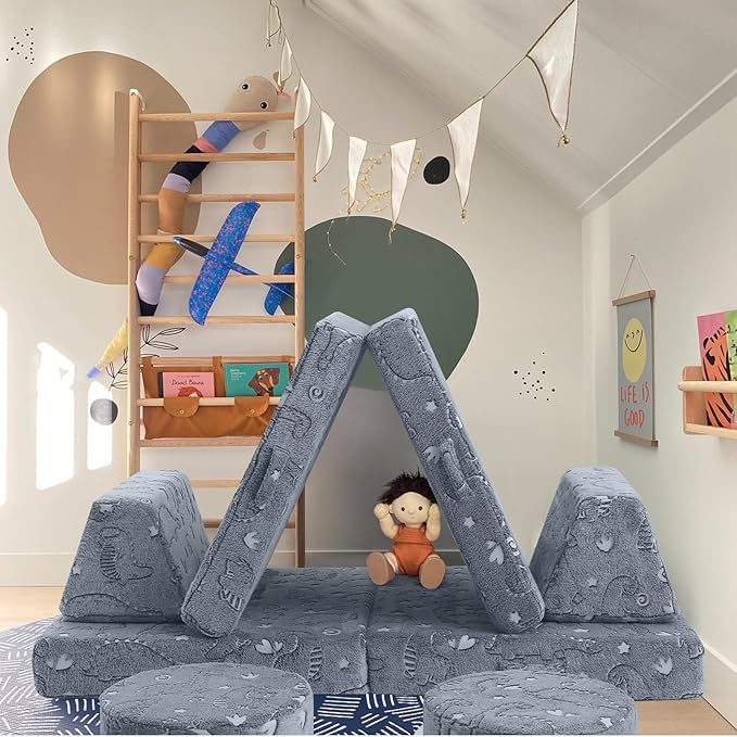 MeMoreCool Modular Glow Dinosaur Sofa for Kids, 8-Piece Convertible Foam Toddler Couch Play Set for Playroom and Children