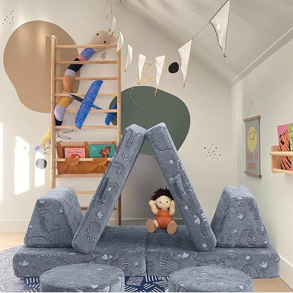 MeMoreCool Modular Glow Dinosaur Sofa for Kids, 8-Piece Convertible Foam Toddler Couch Play Set for Playroom and Children