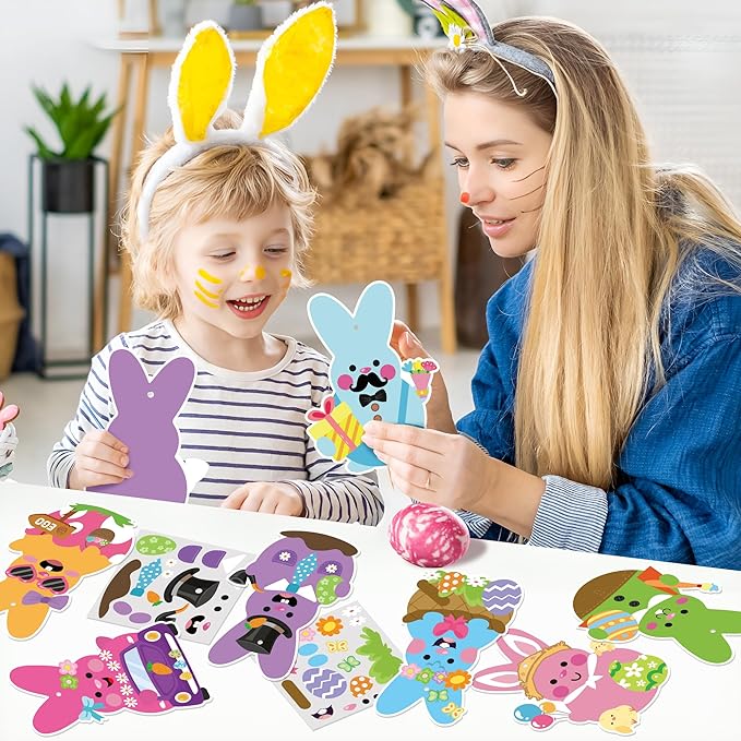 3sscha 123Pcs Easter Bunny Craft Kit for Kids - DIY Make Your Own Bunny Card Set Self-Adhesive Sticker Handmade Artwork Decoration Holiday Celebration Classroom Home Activity Gift Party Favor Supplies