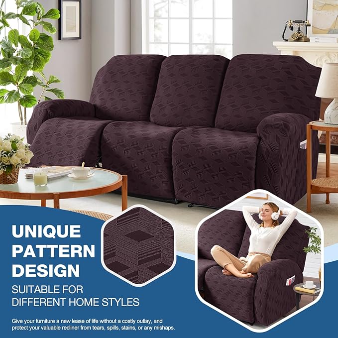 TAOCOCO Recliner Sofa Covers Stretch Reclining Couch Cover, Jacquard Recliner Couch Cover for 3 Seat Furniture Protector Sofa Slipcovers with Elastic Bottom for Kids, Pets (Dark Coffee)