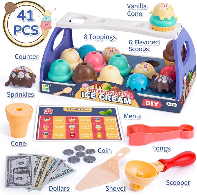 Ice Cream Toy Play Set for Kids, 41Pcs Toddler Ice Cream Shop Cart Truck, Birthday Christmas Easter Toys Gift for 3 4 5 6 Year Old Girl Boy, Pretend Play Grocery Store Kitchen Food Accessories