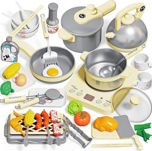 Play Kitchen Playset for Kids, Toy Kitchen Pretend Play Food BBQ Sets for Girls and Boys Age 3+, Play Kitchen Accessories with Play Pots Pans Vegetables, Birthday Gift for Children