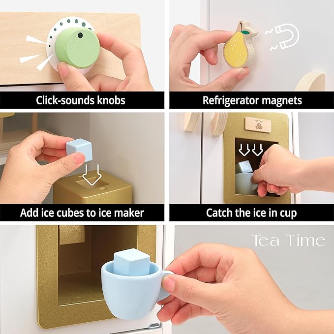 PairPear Kids Play Kitchen Toy Refrigerator, Wooden Toy Fridge Freezer Set for Kids, Toddler Kitchen Playset with Pretend Play Kitchen Acessories, Play Food Gift for Boys & Girls Age 3+