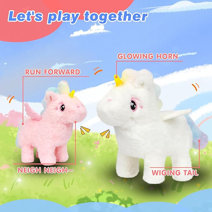 Hopearl Walking Unicorn with Glowing Horn Interactive Electronic Pet Plush Unicorn Toy with Sounds and Movements Animated Gift for Toddlers Birthday, Pink, 7''