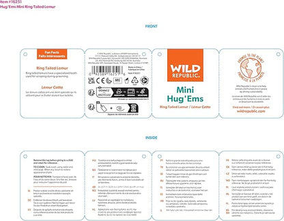 Wild Republic Ring Tailed Lemur Plush, Stuffed Animal, Plush Toy, Gifts for Kids, Hug’Ems 7"