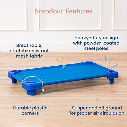 ECR4Kids Stackable Kiddie Cot, Assembled, Toddler Size, Classroom Furniture, Blue, 5-Pack