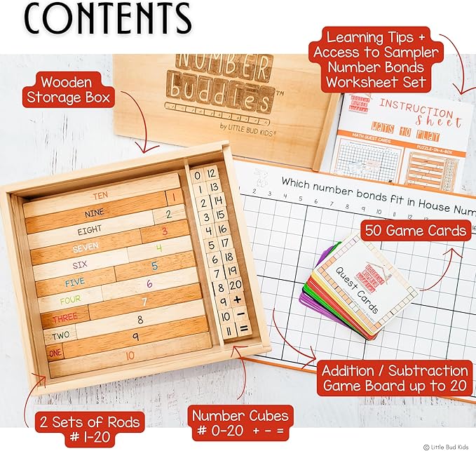 LITTLE BUD KIDS House of Number Buddies Math Game, a Number Bonds Math Toy with Number Rods and Addition & Subtraction Flash Cards, a Montessori Material for Kids 4-8 Years Old