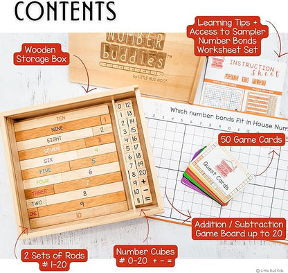 LITTLE BUD KIDS House of Number Buddies Math Game, a Number Bonds Math Toy with Number Rods and Addition & Subtraction Flash Cards, a Montessori Material for Kids 4-8 Years Old