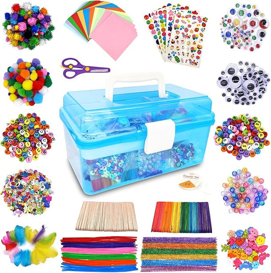 1000+ Pcs Art and Craft Supplies for Kids, Toddler DIY Craft Art Supply Set Included Pom Poms, Pipe Cleaners, Feather, Folding Storage Box - All in One for DIY Craft Set (Blue)