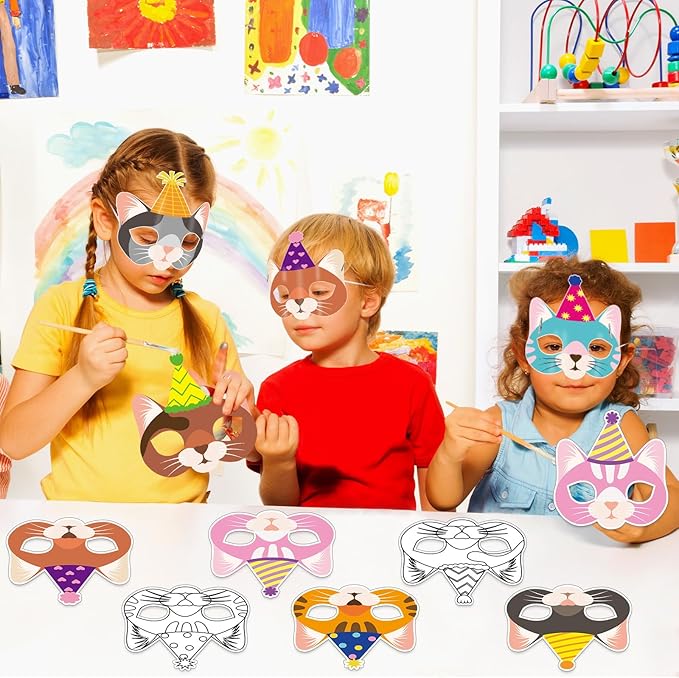 Lonfliness 36 Set Cat Coloring Mask Animal Paper Arts Crafts Kids Color Your Own Birthday Cat Blank DIY Mask Masquerade Birthday Party Dress-Up Decoration Favor School Classroom Activity Game Supplies