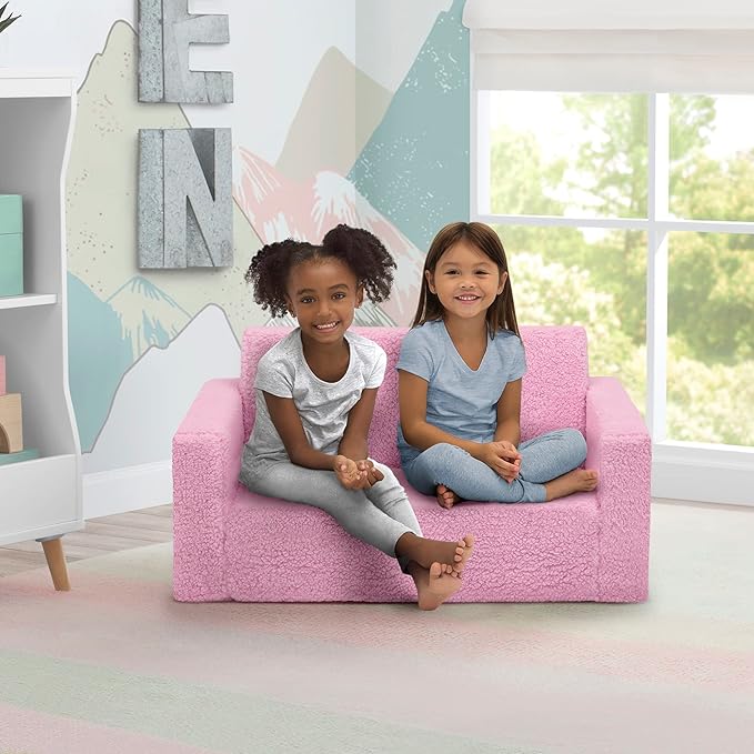 Delta Children Cozee Flip-Out Sherpa 2-in-1 Convertible Sofa to Lounger for Kids, Pink