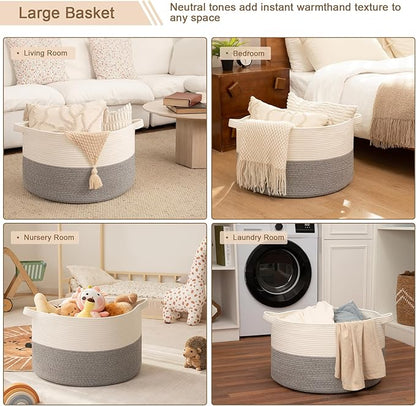 OIAHOMY 90L XXXLarge Blanket Basket for Living Room, 21.7" x 13.8" Woven Cotton Rope Laundry Basket for Organizing Pillows, Decorative Stuffed Animal Toy Storage Bin for Nursery, White and Light Grey