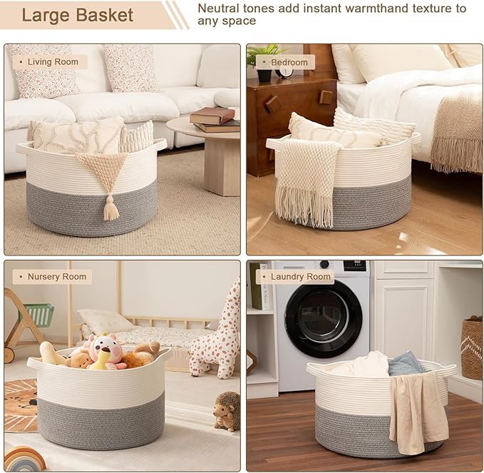 OIAHOMY 115L Extra Large Blanket Basket, 23.6" x 15.4" Woven Cotton Rope Laundry Basket for Organizing Pillows, Decorative Stuffed Animal Toy Storage Bin for Nursery, White and Light Grey