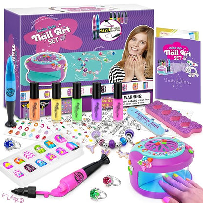 Kids Nail Polish Set for Girls Nail Art Kits with Nail Dryer, Quick Dry & Peel Off & Non-Toxic Nail Polish,2 in 1 Nail Art Pen - Charm Bracelet Making Kit & Ring Birthday Gifts for Girls Ages 7-12
