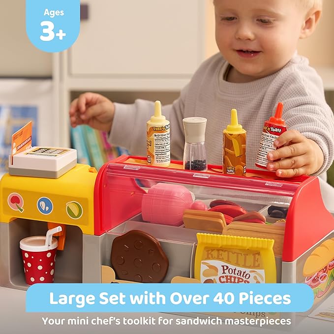 Play Kitchen Food Toy - 40 PCS Toss ‘n Toast Sandwich Making Set with Magic Slicer, Menu Guide and Panini Toy - Interactive Order & Takeout & Checkout Fun for Girls Boys Toddlers