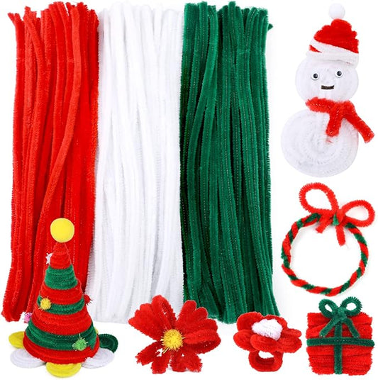 200 PCS Pipe Cleaners, Christmas Craft Pipe Cleaners, Pipe Cleaners Chenille Stems, Pipe Cleaners Bulk, Art Pipe Cleaners for Creative Christmas Decoration Supplies (Red+Green+White)