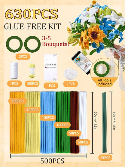 LENYNAL 500 Pcs Pastel Pipe Cleaners Craft Bulk, Orange Pipe Cleaner Flower Kit, Glue-Free & Safe for Kids, Step-by-Step Tutorial, 6 Colors Chenille Stems for Flower Making