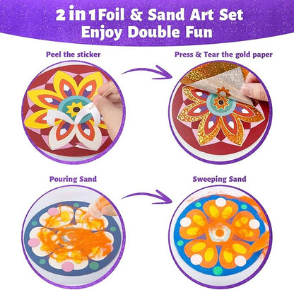 Foil Art & Sand Art Kit, 2 in 1 Mandala Arts and Crafts for Kids Ages 4-8, Mess Free DIY Coloring Kit for Girls and Boys, Thanksgiving Christmas Festivals Party Gifts