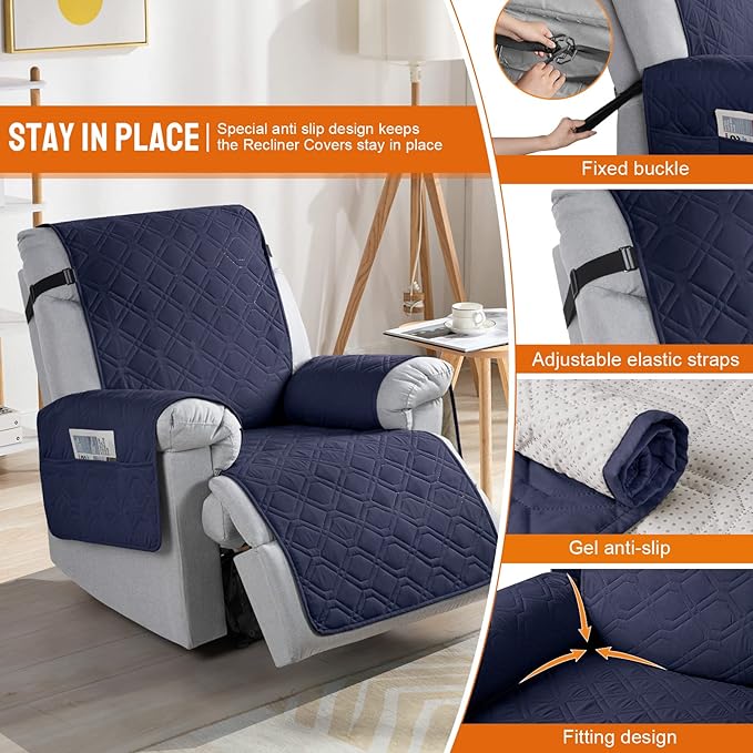 VANSOFY 100% Waterproof Recliner Chair Covers, Recliner Cover Non-Slip Dog Chair Cover Furniture Protector Washable Slipcover with Pocket, Elastic Straps for Pets, Dogs(Dark Blue, 30")
