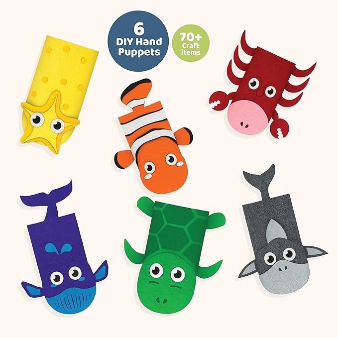 jackinthebox Hand Puppet Making Kit - 6 Sea Animals Felt Puppet Craft Kit for Kids, Creative DIY Arts & Crafts Kit Make Your Own Puppets for Storytelling Role Play, Great Craft Gifts for Kids Ages 4-8